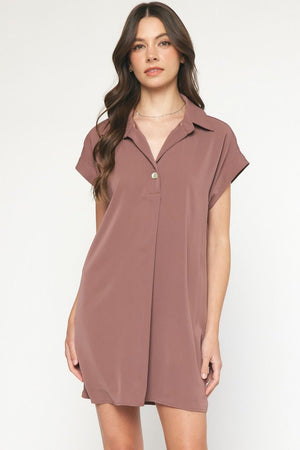 ENTRO INC Women's Dress ASH BROWN / S Collared Short Sleeve Mini Dress || David's Clothing D20570