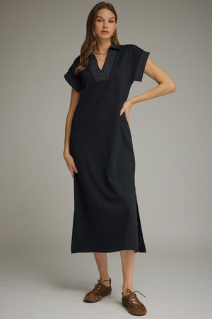 ENTRO INC Women's Dress BLACK / S Solid Collared Short Sleeve Midi Dress D31769