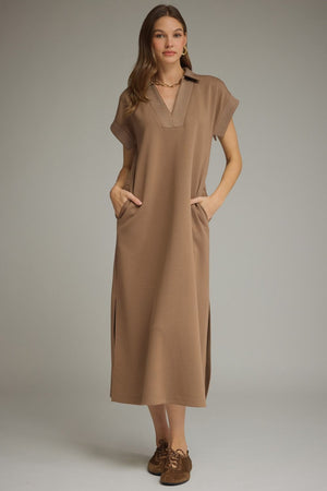 ENTRO INC Women's Dress MOCHA / S Solid Collared Short Sleeve Midi Dress D31769