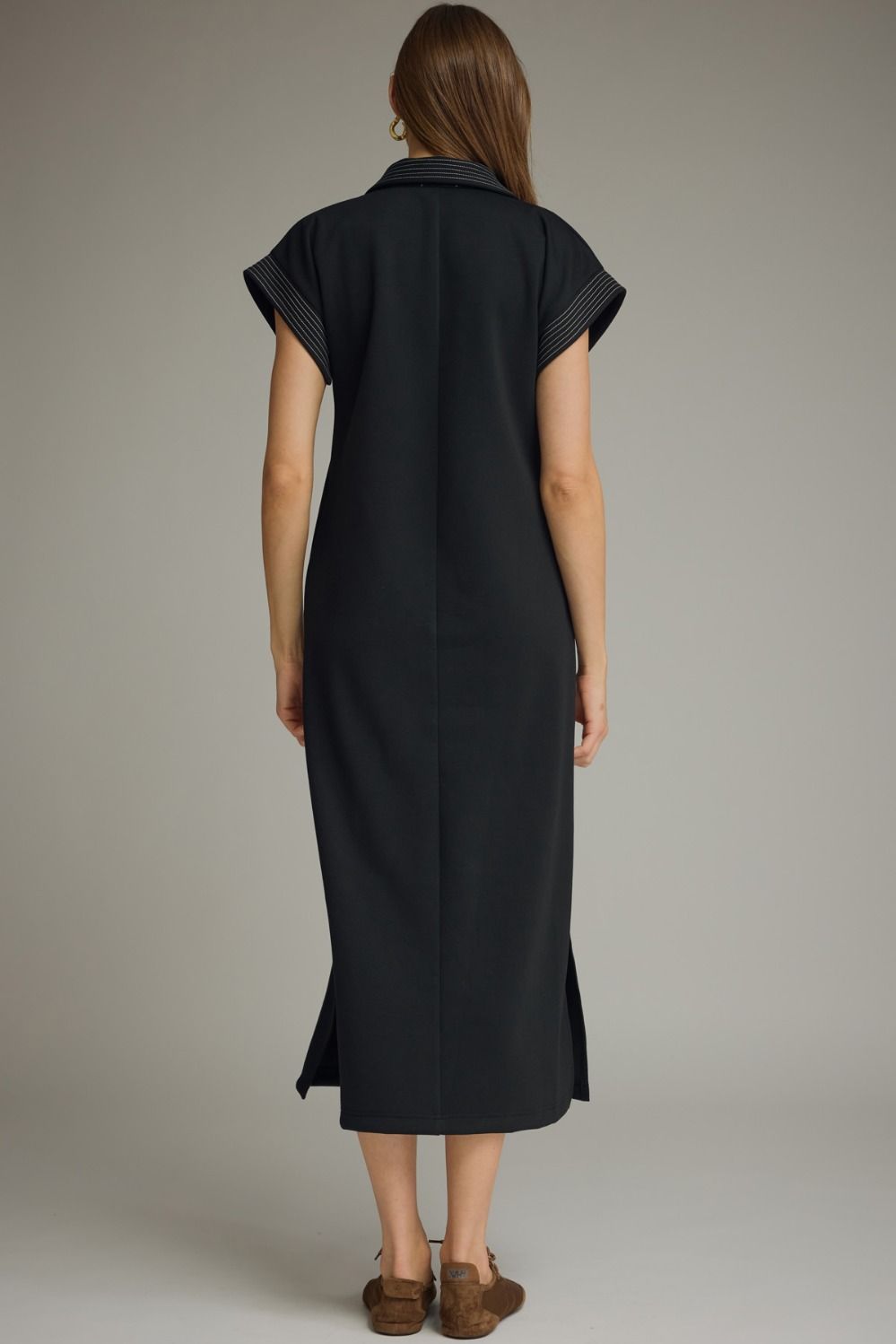 ENTRO INC Women's Dress Solid Collared Short Sleeve Midi Dress