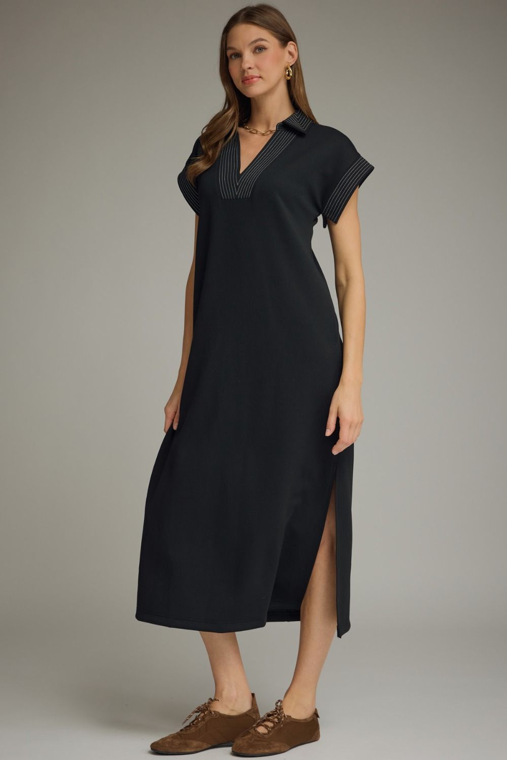 ENTRO INC Women's Dress Solid Collared Short Sleeve Midi Dress