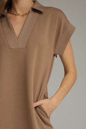 ENTRO INC Women's Dress Solid Collared Short Sleeve Midi Dress