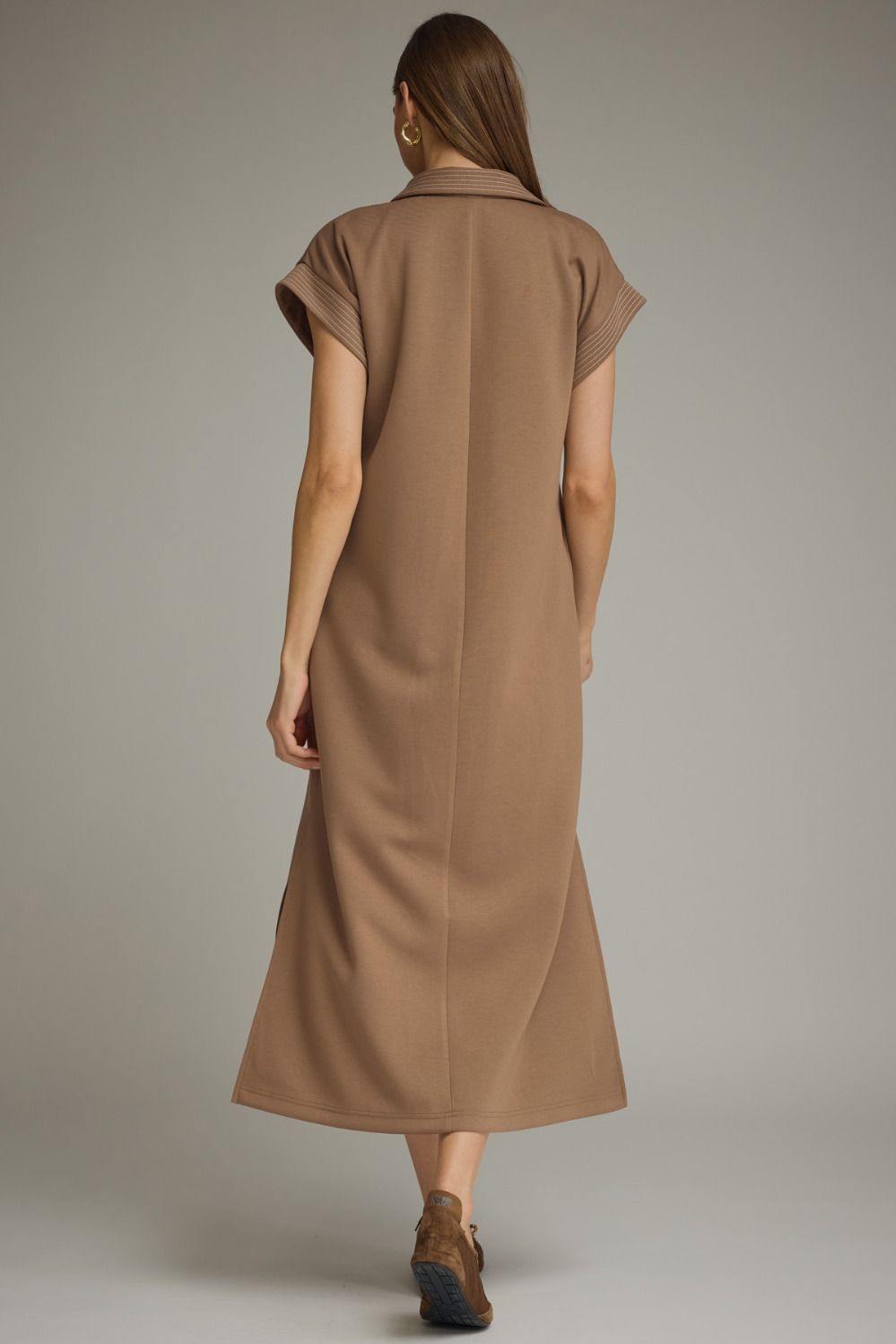 ENTRO INC Women's Dress Solid Collared Short Sleeve Midi Dress