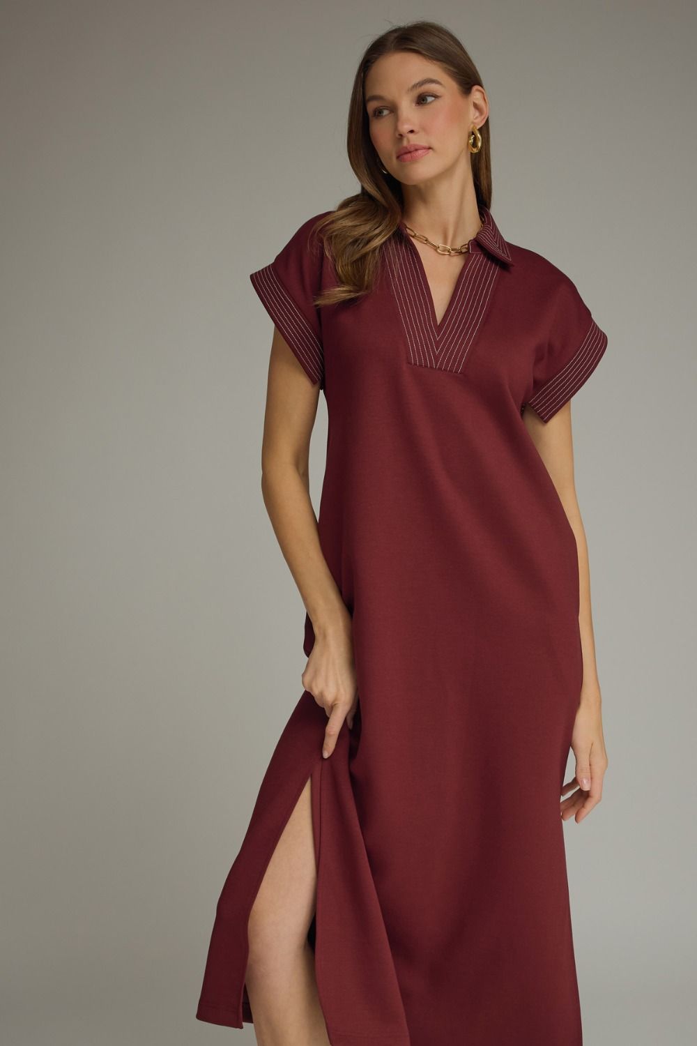 ENTRO INC Women's Dress Solid Collared Short Sleeve Midi Dress