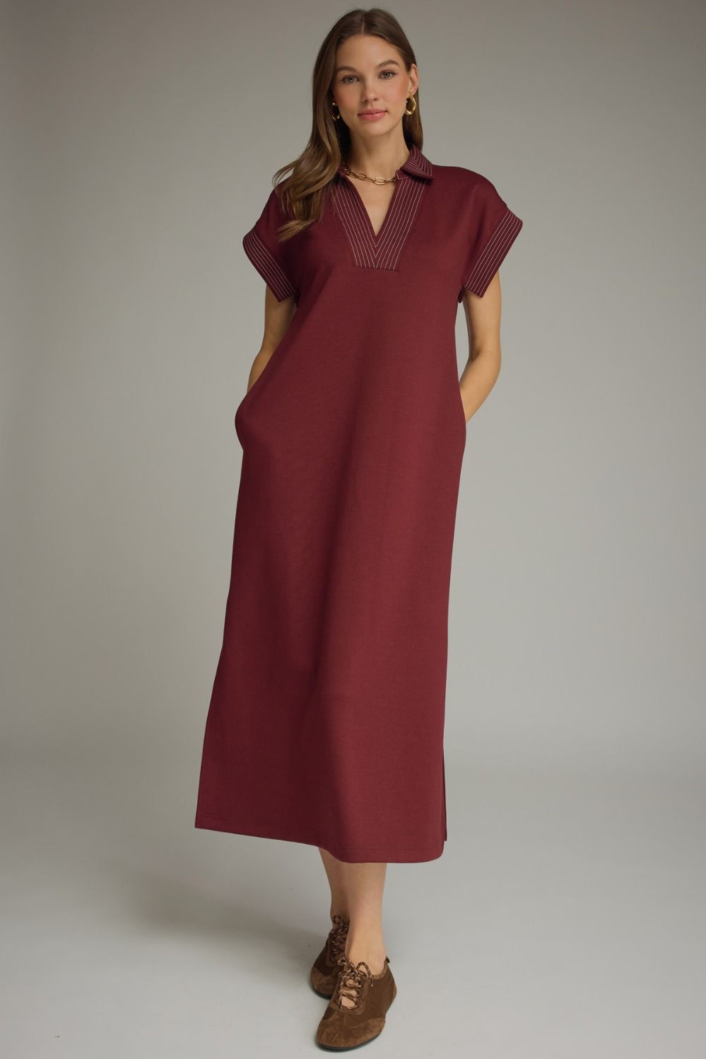 ENTRO INC Women's Dress WINE / S Solid Collared Short Sleeve Midi Dress D31769
