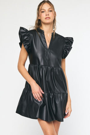 ENTRO INC Women's Dresses BLACK / S Faux Leather Tiered Mini Dress || David's Clothing D18758