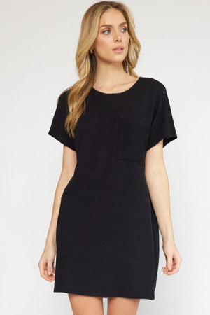 ENTRO INC Women's Dresses BLACK / S Ribbed Round Neck Short Sleeve Mini Dress || David's Clothing 7001RIBBED