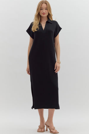 ENTRO INC Women's Dresses BLACK / S Solid Split Collar Scuba Midi Dress D27543