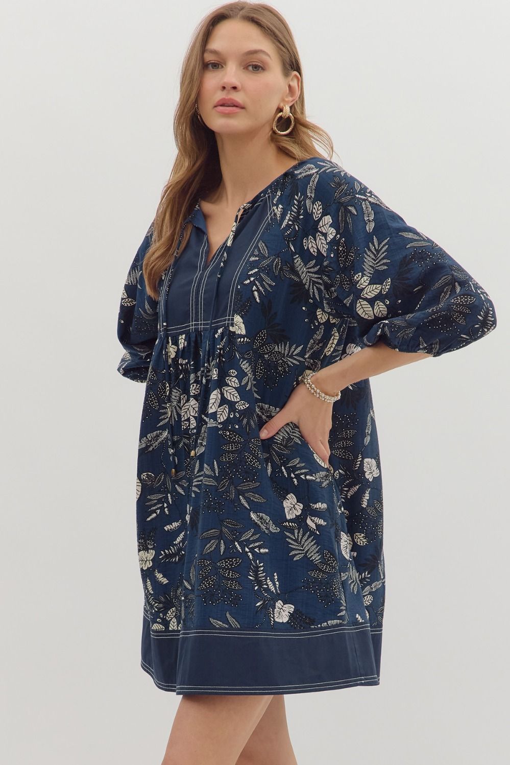 ENTRO INC Women's Dresses Botanical Print ¾ Sleeve Dress || David's Clothing