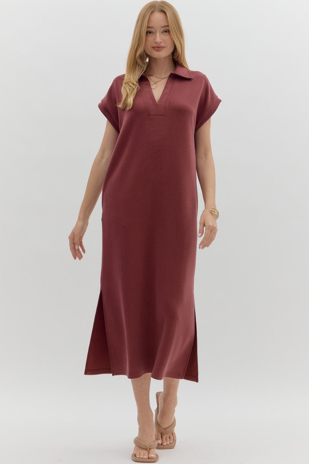 ENTRO INC Women's Dresses BURGUNDY / S Solid Split Collar Scuba Midi Dress D27543