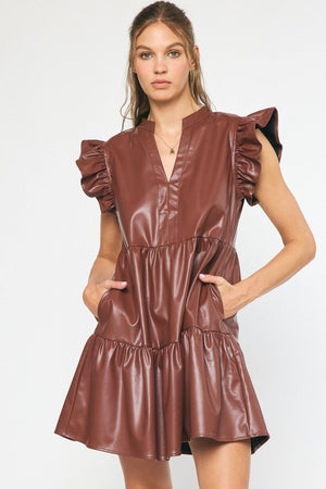 ENTRO INC Women's Dresses CHOCOLAT / S Faux Leather Tiered Mini Dress || David's Clothing D18758
