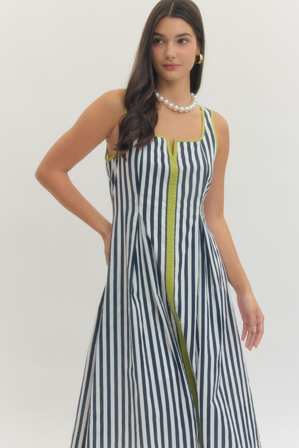 ENTRO INC Women's Dresses Contrast Trim Striped Sleeveless Midi Dress