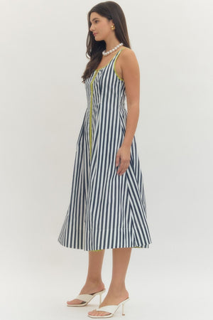 ENTRO INC Women's Dresses Contrast Trim Striped Sleeveless Midi Dress