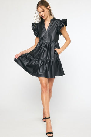 ENTRO INC Women's Dresses Faux Leather Tiered Mini Dress || David's Clothing