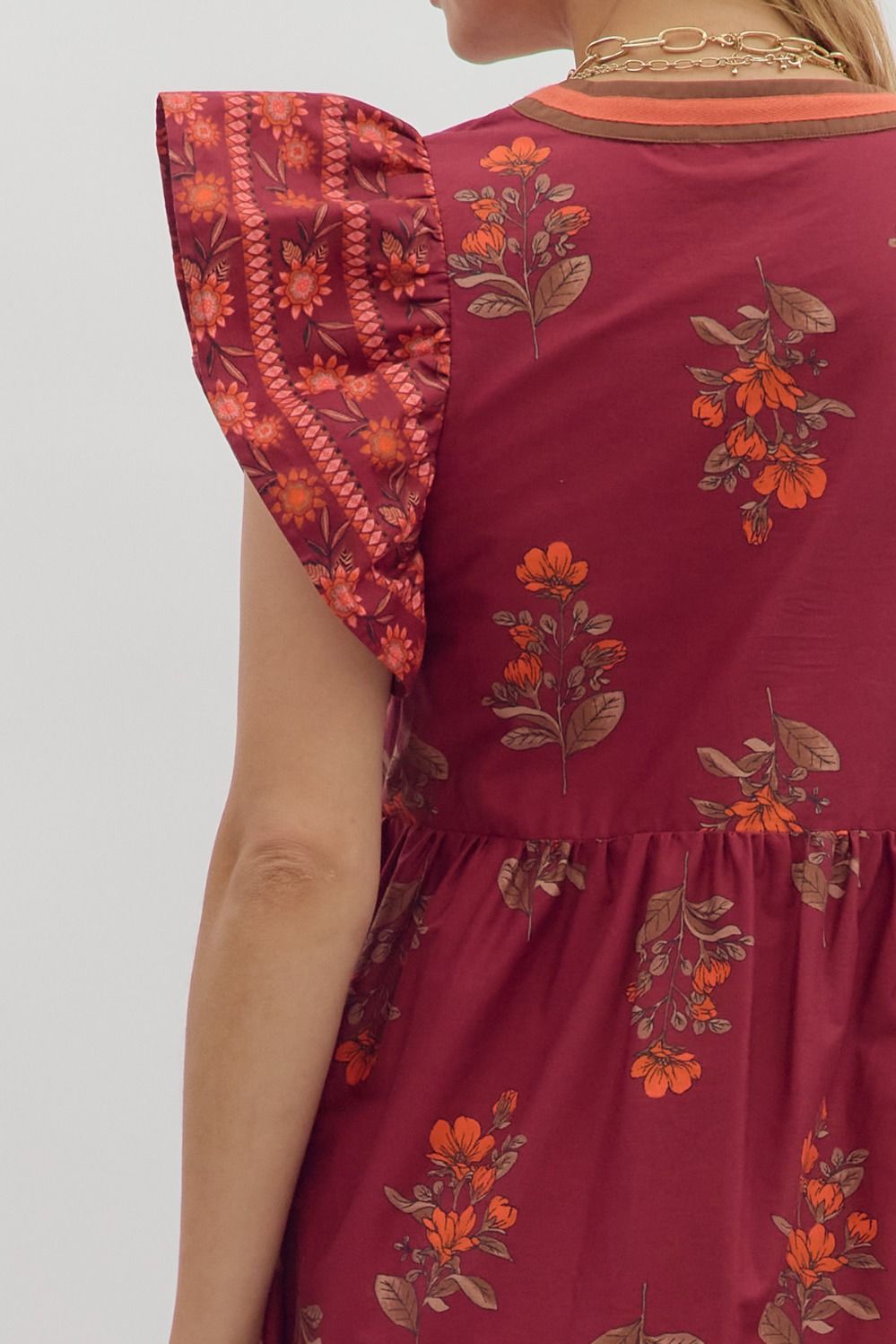 ENTRO INC Women's Dresses Floral Framed Border Pattern Flutter Sleeve Pullover Midi