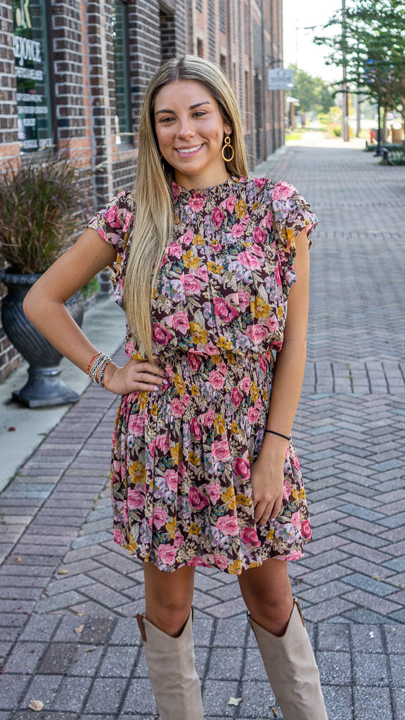 ENTRO INC Women's Dresses Floral Print Mock Neck Short Sleeve Mini Dress || David's Clothing