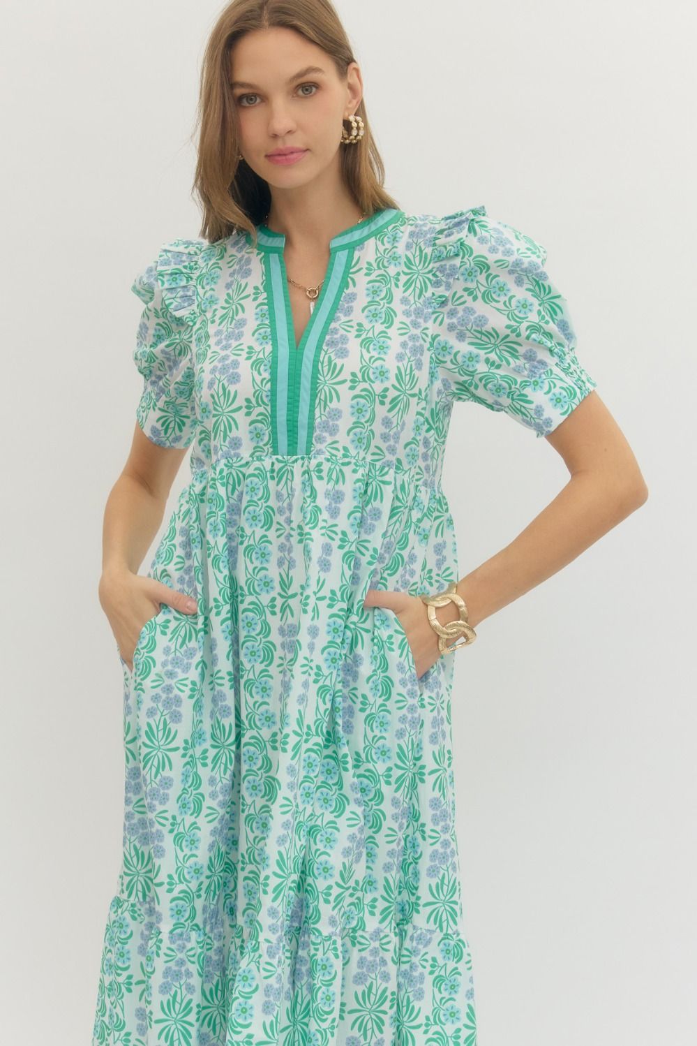 ENTRO INC Women's Dresses Floral Print Puff Sleeve Midi Dress