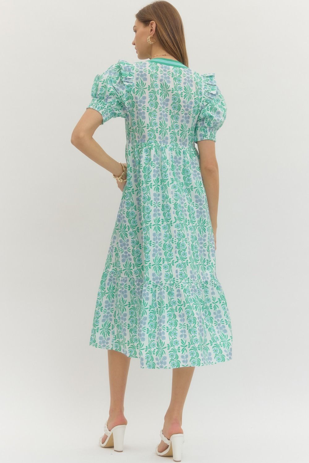 ENTRO INC Women's Dresses Floral Print Puff Sleeve Midi Dress