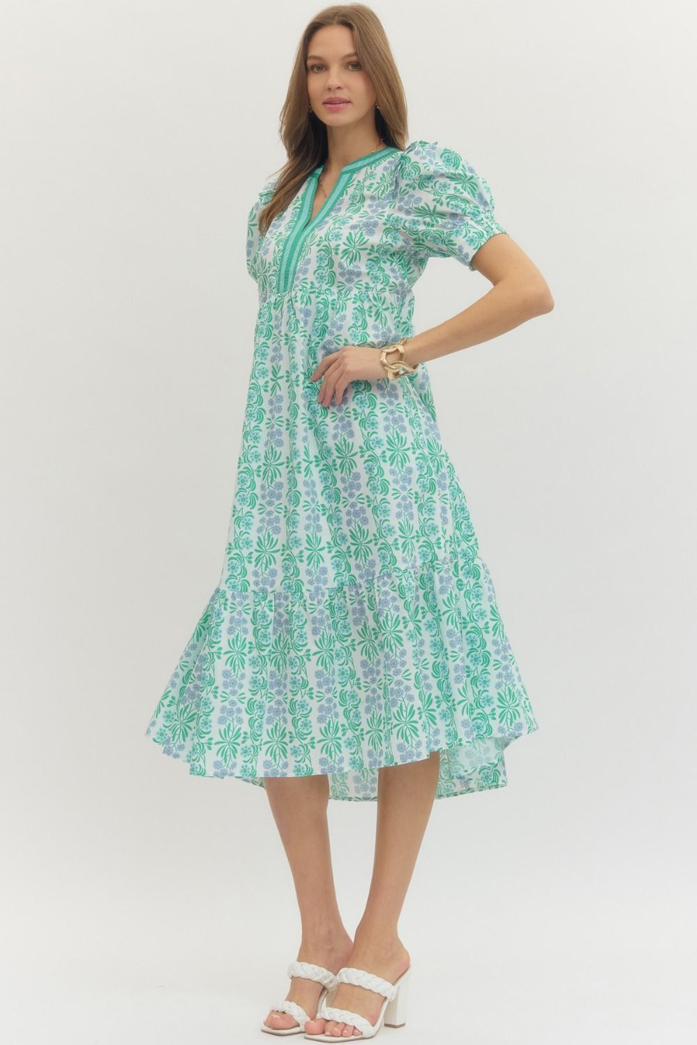 ENTRO INC Women's Dresses Floral Print Puff Sleeve Midi Dress