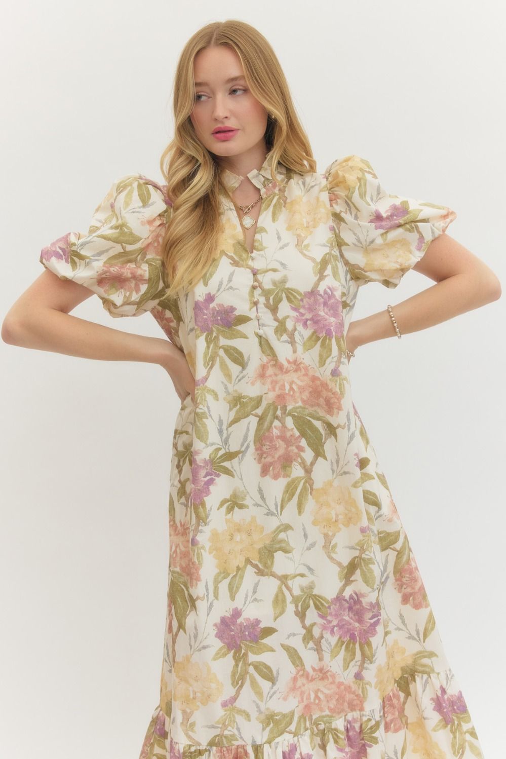 ENTRO INC Women's Dresses Floral Print Ruffled Neck Short Puff Sleeve Midi Dress
