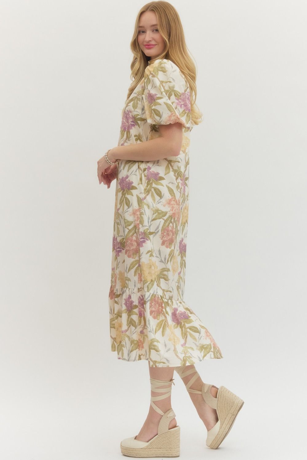 ENTRO INC Women's Dresses Floral Print Ruffled Neck Short Puff Sleeve Midi Dress