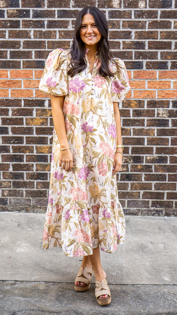 ENTRO INC Women's Dresses Floral Print Ruffled Neck Short Puff Sleeve Midi Dress