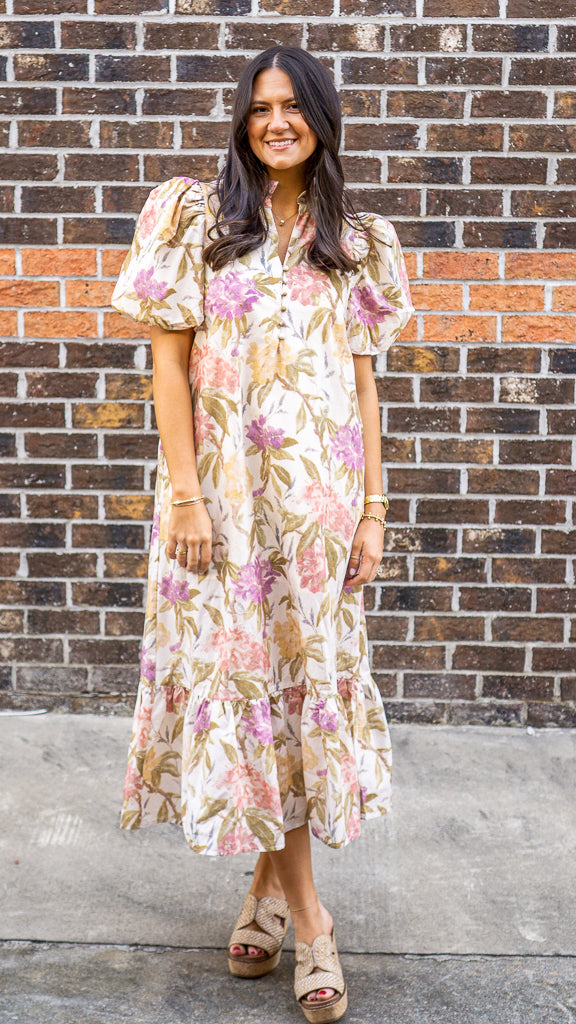 ENTRO INC Women's Dresses Floral Print Ruffled Neck Short Puff Sleeve Midi Dress