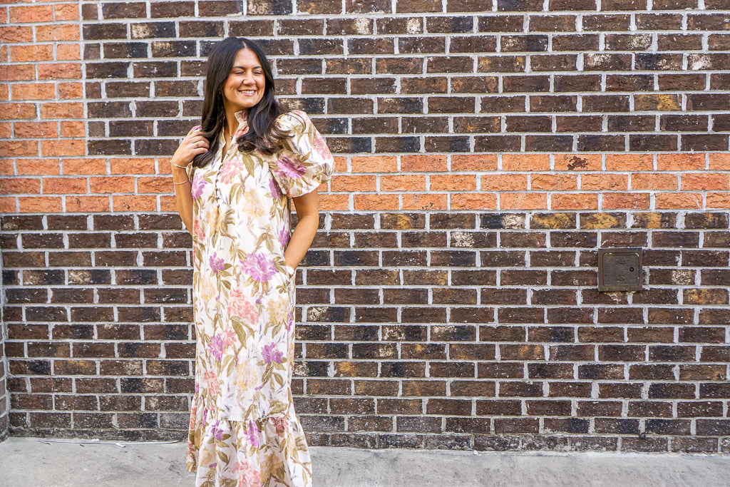 ENTRO INC Women's Dresses Floral Print Ruffled Neck Short Puff Sleeve Midi Dress