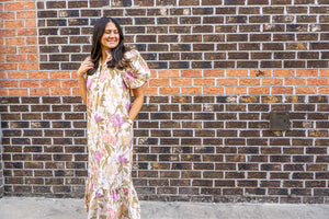 ENTRO INC Women's Dresses Floral Print Ruffled Neck Short Puff Sleeve Midi Dress