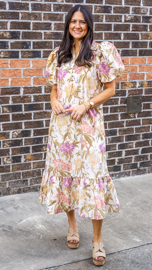 ENTRO INC Women's Dresses Floral Print Ruffled Neck Short Puff Sleeve Midi Dress