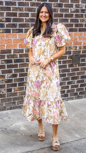 ENTRO INC Women's Dresses Floral Print Ruffled Neck Short Puff Sleeve Midi Dress