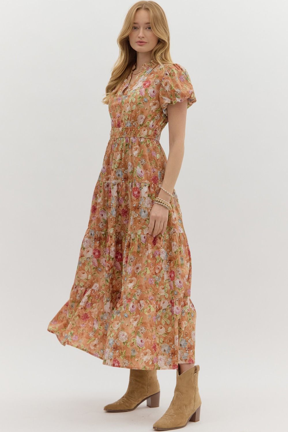 ENTRO INC Women's Dresses TERRACOT / S Floral Print Short Bubble Puff Sleeve Midi Tiered Dress || David's Clothing D27217