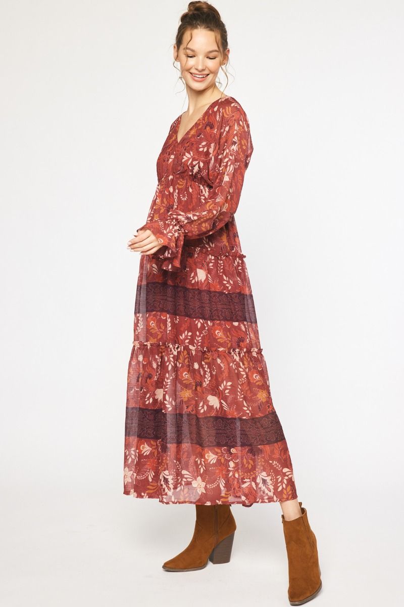 ENTRO INC Women's Dresses RUST / S Floral Printed V-Neck Long Sleeve Maxi Dress || David's Clothing D21449