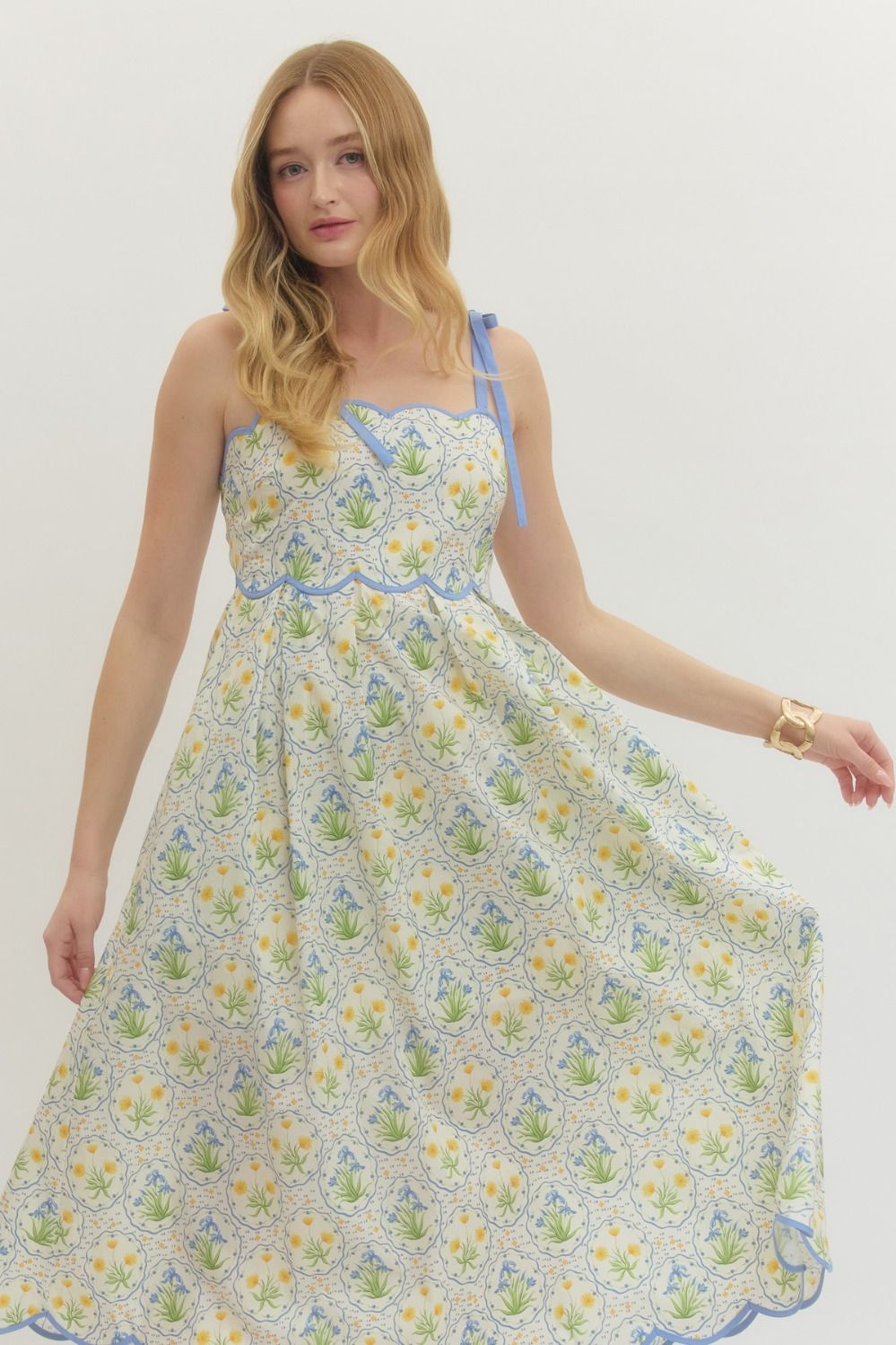 ENTRO INC Women's Dresses Floral Scallop Accent Trim And Tie Shoulder Straps Midi Dress