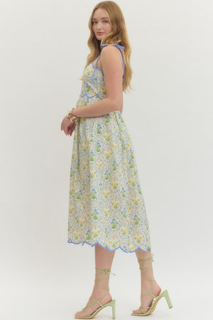 ENTRO INC Women's Dresses Floral Scallop Accent Trim And Tie Shoulder Straps Midi Dress