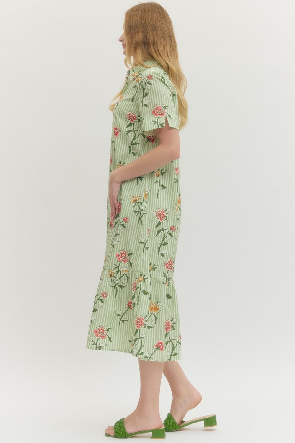 ENTRO INC Women's Dresses Floral Stripe Print Short Sleeve Midi Dress