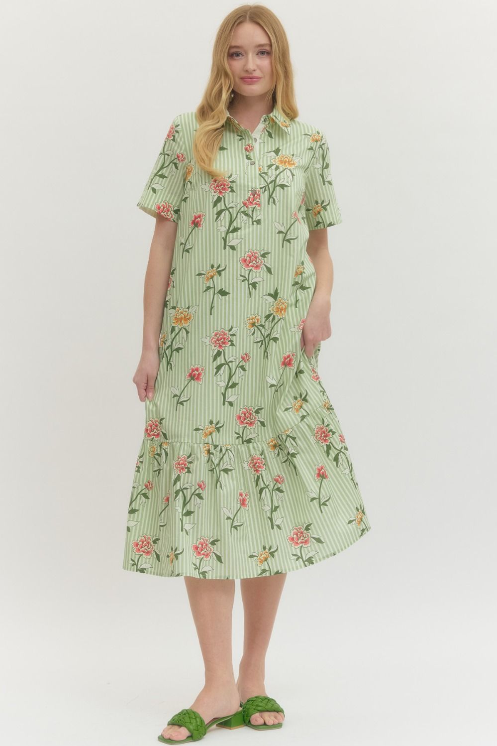 ENTRO INC Women's Dresses Floral Stripe Print Short Sleeve Midi Dress