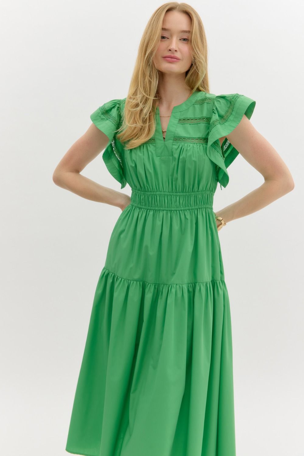 ENTRO INC Women's Dresses Flutter Sleeve Split V-Neck Pullover Tiered Midi Dress