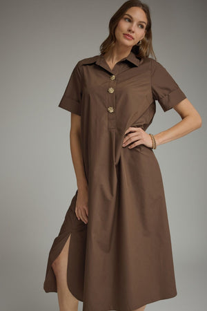 ENTRO INC Women's Dresses Gold Button Solid Short Sleeve Midi Dress