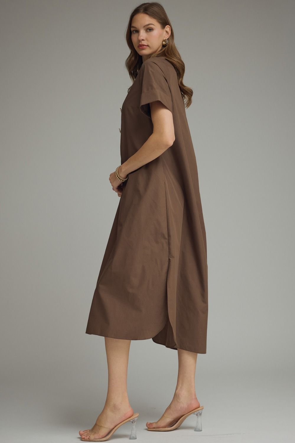 ENTRO INC Women's Dresses Gold Button Solid Short Sleeve Midi Dress