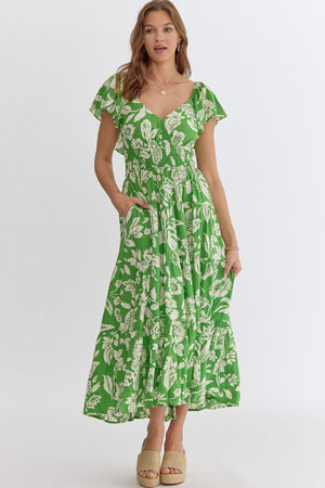 ENTRO INC Women's Dresses GREEN / S Floral Sleeveless Sweetheart Midi Dress || David's Clothing D22320