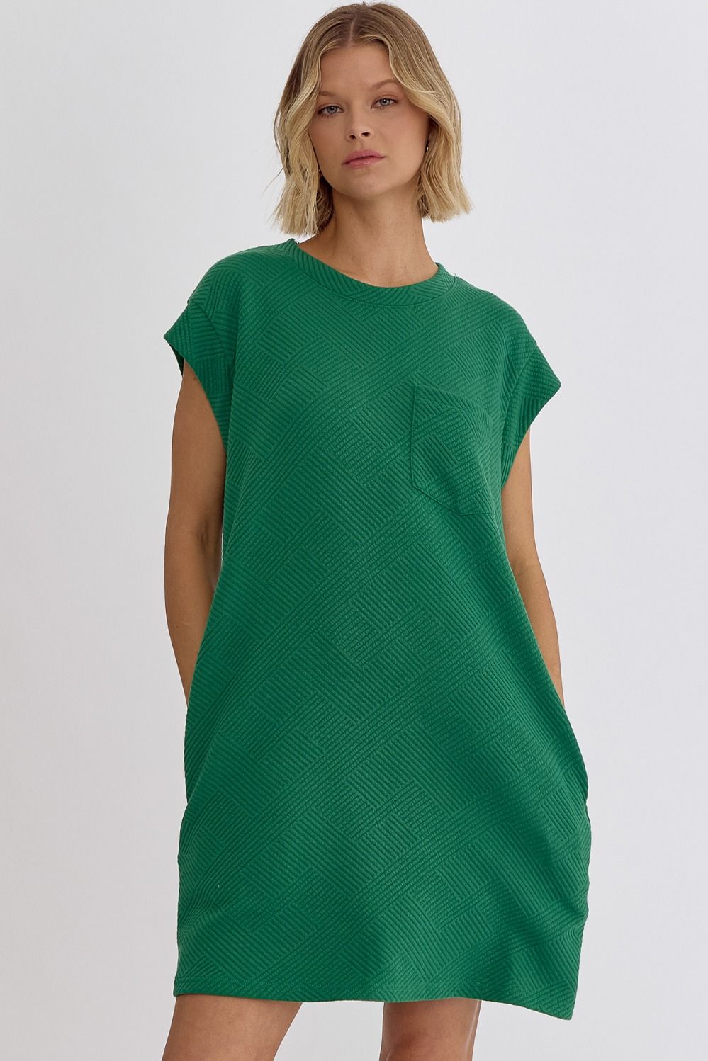 ENTRO INC Women's Dresses GREEN / S Textured Round Neck Sleeveless Mini Dress || David's Clothing D22390