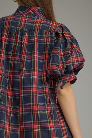 ENTRO INC Women's Dresses Holiday Plaid Short Puff Sleeve Mini Dress