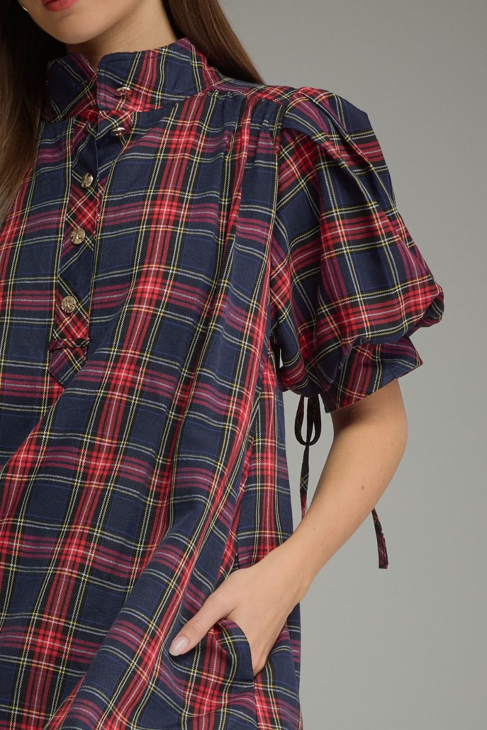 ENTRO INC Women's Dresses Holiday Plaid Short Puff Sleeve Mini Dress