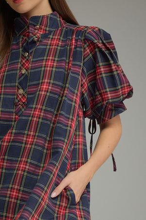 ENTRO INC Women's Dresses Holiday Plaid Short Puff Sleeve Mini Dress