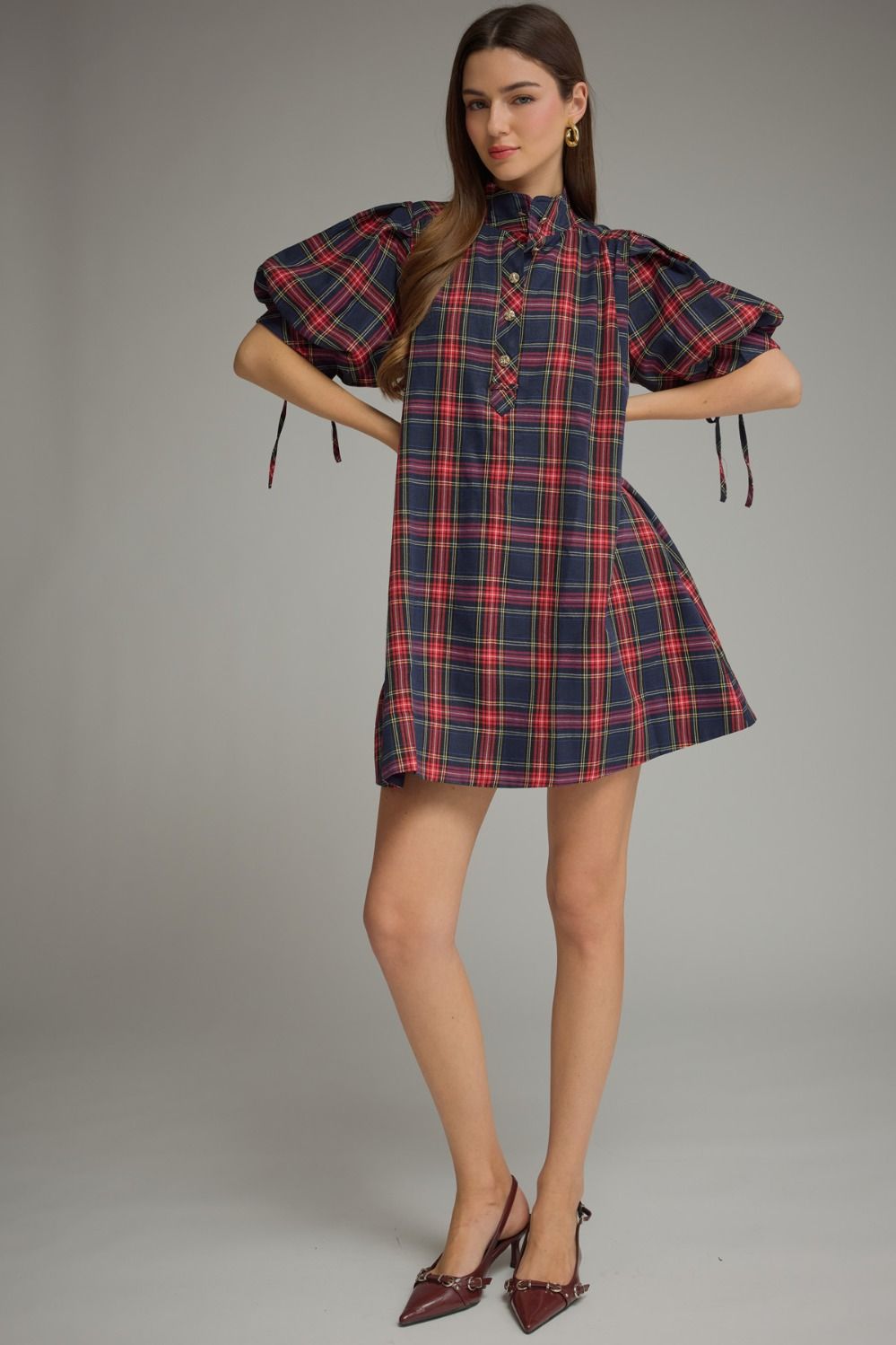 ENTRO INC Women's Dresses Holiday Plaid Short Puff Sleeve Mini Dress