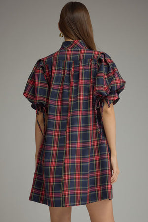 ENTRO INC Women's Dresses Holiday Plaid Short Puff Sleeve Mini Dress
