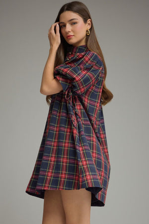 ENTRO INC Women's Dresses Holiday Plaid Short Puff Sleeve Mini Dress