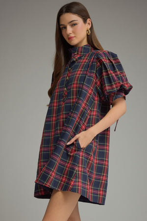 ENTRO INC Women's Dresses Holiday Plaid Short Puff Sleeve Mini Dress
