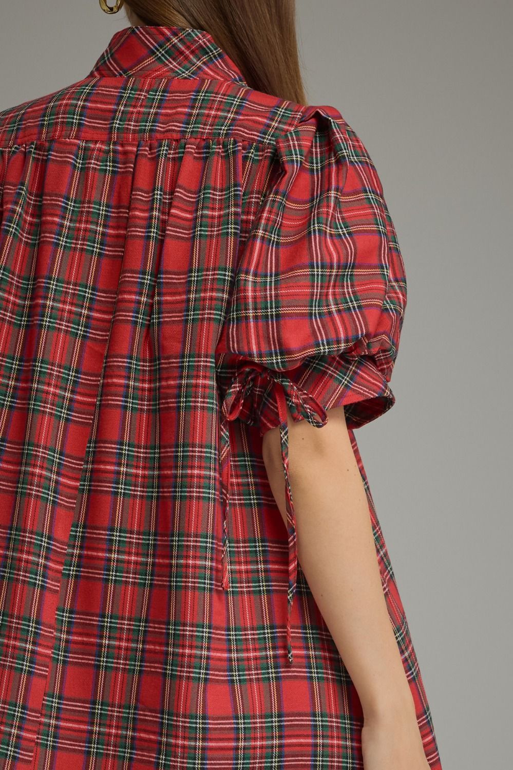ENTRO INC Women's Dresses Holiday Plaid Short Puff Sleeve Mini Dress